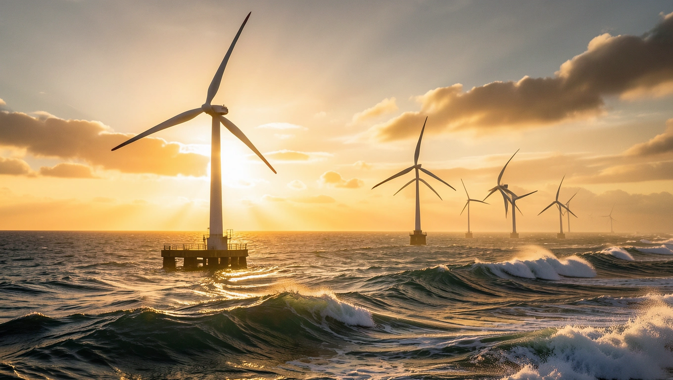 Éoliennes offshore au lever du soleil